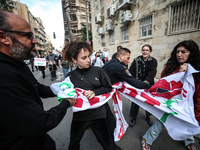 In Jerusalem, Israel, on November 29, 2024, Israeli police try to prevent demonstrators from marching as a group of Israeli demonstrators ca...