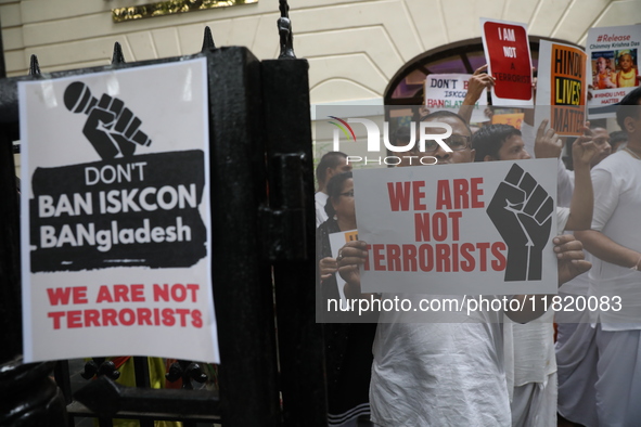 Monks of ISKCON (International Society of Krishna Consciousness) and Hindu devotees in Kolkata, India, hold a protest against the recent arr...