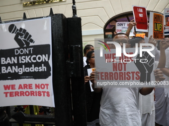 Monks of ISKCON (International Society of Krishna Consciousness) and Hindu devotees in Kolkata, India, hold a protest against the recent arr...