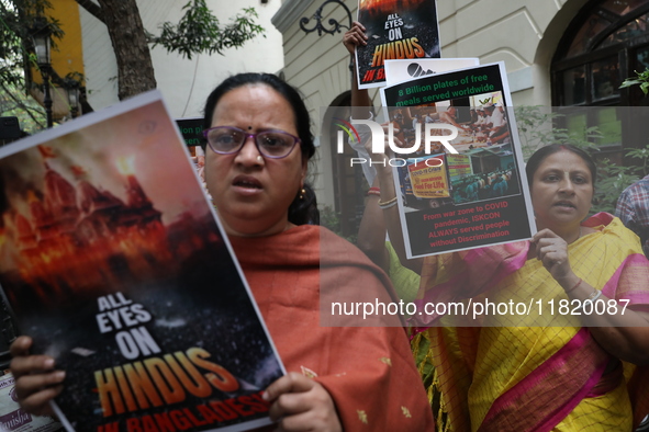 Monks of ISKCON (International Society of Krishna Consciousness) and Hindu devotees in Kolkata, India, hold a protest against the recent arr...