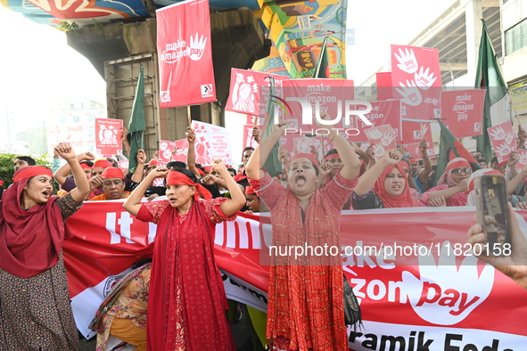 Activists of the Sammilito Garments Sramik Federation (Combined Garments Workers Federation) stage a protest procession against Amazon Compa...