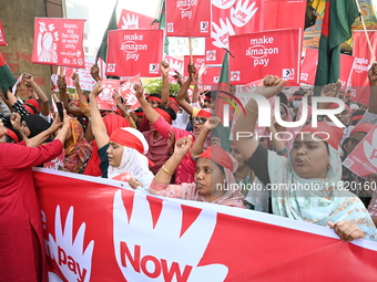 Activists of the Sammilito Garments Sramik Federation (Combined Garments Workers Federation) stage a protest procession against Amazon Compa...