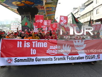 Activists of the Sammilito Garments Sramik Federation (Combined Garments Workers Federation) stage a protest procession against Amazon Compa...