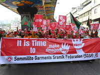 Activists of the Sammilito Garments Sramik Federation (Combined Garments Workers Federation) stage a protest procession against Amazon Compa...