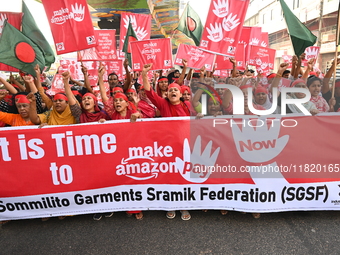 Activists of the Sammilito Garments Sramik Federation (Combined Garments Workers Federation) stage a protest procession against Amazon Compa...