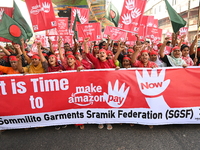 Activists of the Sammilito Garments Sramik Federation (Combined Garments Workers Federation) stage a protest procession against Amazon Compa...