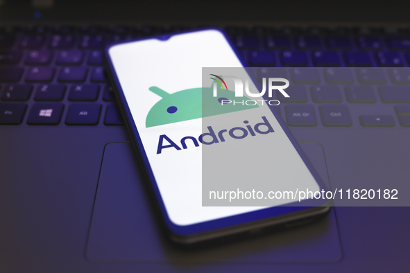 The Android logo appears on the screen of a smartphone in Reno, United States, on November 29, 2024. 