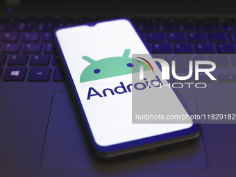 The Android logo appears on the screen of a smartphone in Reno, United States, on November 29, 2024. (