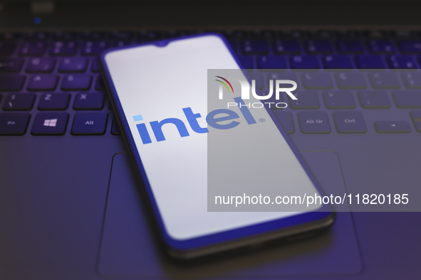 The Intel Corporation logo appears on the screen of a smartphone in Reno, United States, on November 29, 2024. 