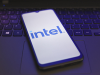 The Intel Corporation logo appears on the screen of a smartphone in Reno, United States, on November 29, 2024. (