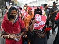 Activists of the Sammilito Garments Sramik Federation (Combined Garments Workers Federation) stage a protest procession against Amazon Compa...