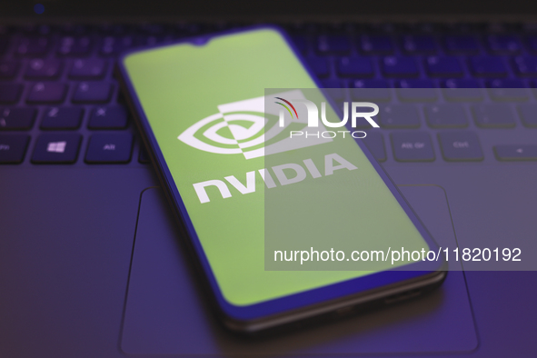 The Nvidia Corporation logo appears on the screen of a smartphone in Reno, United States, on November 29, 2024. 