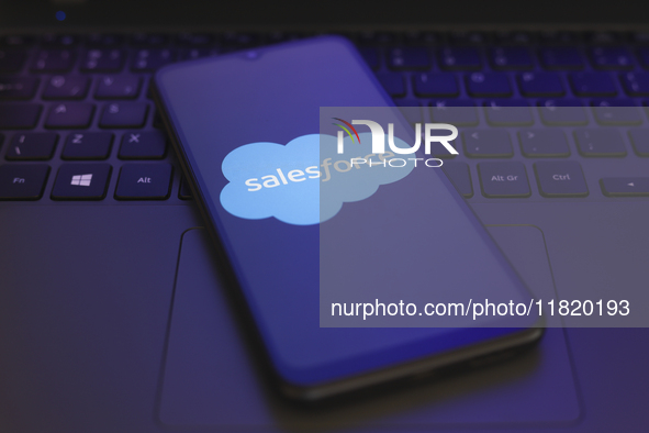 The Salesforce logo appears on the screen of a smartphone in Reno, United States, on November 29, 2024. 