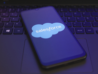 The Salesforce logo appears on the screen of a smartphone in Reno, United States, on November 29, 2024. (