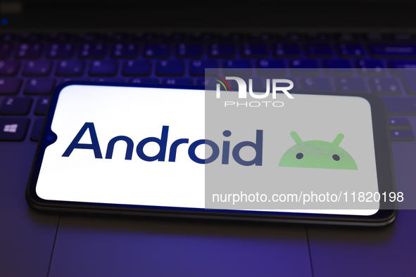 The Android logo appears on the screen of a smartphone in Reno, United States, on November 29, 2024. 