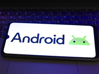 The Android logo appears on the screen of a smartphone in Reno, United States, on November 29, 2024. (