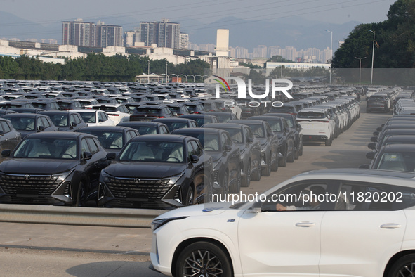 New energy vehicles park in Changansuzuki's parking lot in Chongqing, China, on November 28, 2024. 