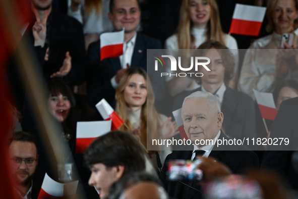 KRAKOW, POLAND - NOVEMBER 24:
Jaroslaw Kaczynski (Center right), leader of the opposition Law and Justice party, addresses the crowd during...