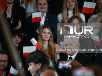 KRAKOW, POLAND - NOVEMBER 24:
Jaroslaw Kaczynski (Center right), leader of the opposition Law and Justice party, addresses the crowd during...