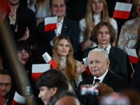 KRAKOW, POLAND - NOVEMBER 24:
Jaroslaw Kaczynski (Center right), leader of the opposition Law and Justice party, addresses the crowd during...