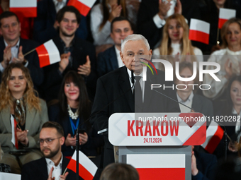 KRAKOW, POLAND - NOVEMBER 24:
Jaroslaw Kaczynski (Center), leader of the opposition Law and Justice party, addresses the crowd during the no...