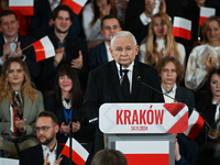 KRAKOW, POLAND - NOVEMBER 24:
Jaroslaw Kaczynski (Center), leader of the opposition Law and Justice party, addresses the crowd during the no...