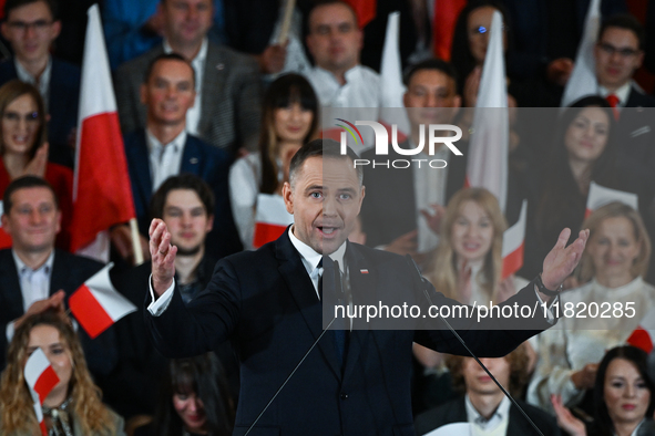 KRAKOW, POLAND - NOVEMBER 24:
Karol Nawrocki, the Law and Justice (PiS) party's candidate for the 2025 presidential election, during his spe...