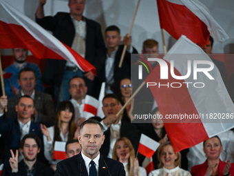 KRAKOW, POLAND - NOVEMBER 24:
Karol Nawrocki, the Law and Justice (PiS) party's candidate for the 2025 presidential election, during his spe...