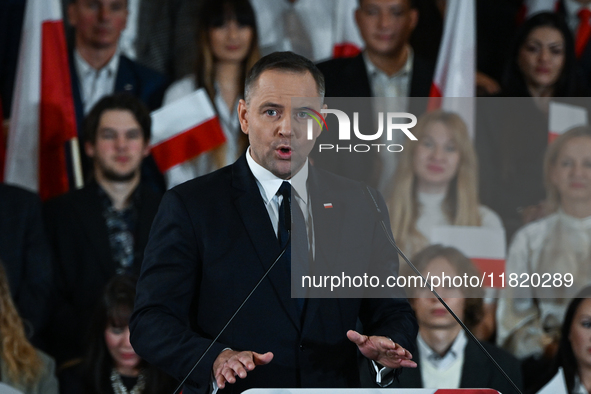 KRAKOW, POLAND - NOVEMBER 24:
Karol Nawrocki, the Law and Justice (PiS) party's candidate for the 2025 presidential election, during his spe...