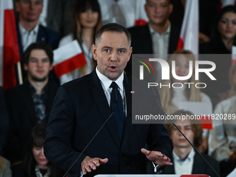 KRAKOW, POLAND - NOVEMBER 24:
Karol Nawrocki, the Law and Justice (PiS) party's candidate for the 2025 presidential election, during his spe...