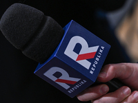 KRAKOW, POLAND - NOVEMBER 24:
A TV Republika microphone held by a TV reporter outside the venue where Karol Nawrocki was officially introduc...