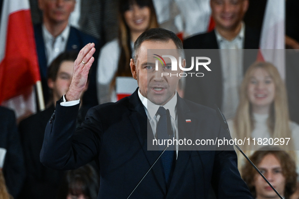 KRAKOW, POLAND - NOVEMBER 24:
Karol Nawrocki, the Law and Justice (PiS) party's candidate for the 2025 presidential election, during his spe...