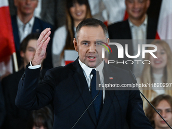 KRAKOW, POLAND - NOVEMBER 24:
Karol Nawrocki, the Law and Justice (PiS) party's candidate for the 2025 presidential election, during his spe...