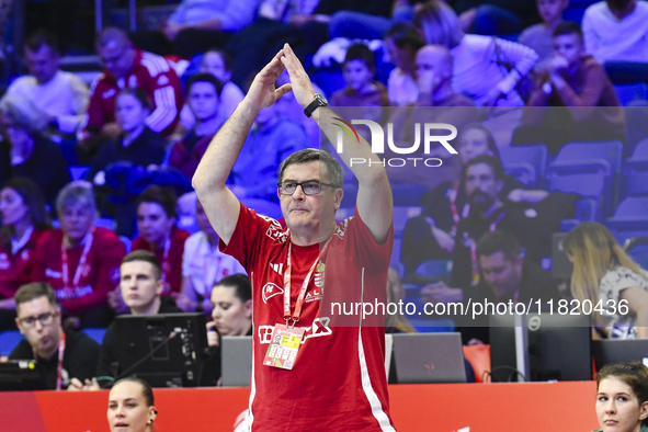 Vlagyimir Golovin participates in the Women's EHF EURO 2024 match between Hungary and Turkey at Fonix Arena in Debrecen, Hungary, on Novembe...