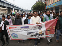 Supporters of the Indian Secular Front (ISF) party seek slogans during a protest march towards the Bangladesh Deputy High Commission against...