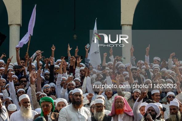 Hefazat-e-Islam supporters stage a protest after Friday prayers at the premises of Baitul Mukarram National Mosque, demanding an immediate b...