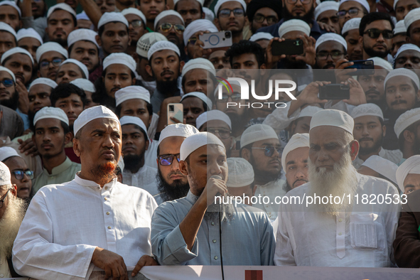 Abu Twaha Adnan, a popular Islamic speaker, delivers his speech at a protest after Friday prayers at the premises of Baitul Mukarram Nationa...