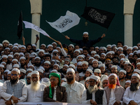 Hefazat-e-Islam supporters stage a protest after Friday prayers at the premises of Baitul Mukarram National Mosque, demanding an immediate b...