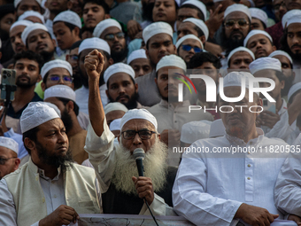 Hefazat-e-Islam supporters stage a protest after Friday prayers at the premises of Baitul Mukarram National Mosque, demanding an immediate b...