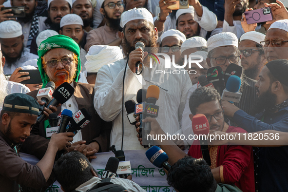 Mamunul Haque, General Secretary of Hefazat-e-Islam Bangladesh's Dhaka Metropolitan, gives a speech at a protest after Friday prayers at the...