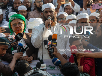 Mamunul Haque, General Secretary of Hefazat-e-Islam Bangladesh's Dhaka Metropolitan, gives a speech at a protest after Friday prayers at the...