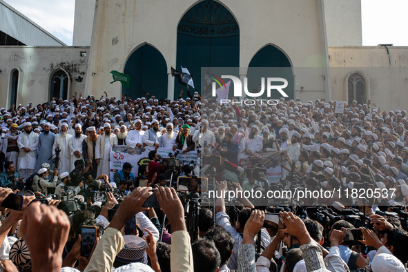 Hefazat-e-Islam supporters stage a protest after Friday prayers at the premises of Baitul Mukarram National Mosque, demanding an immediate b...