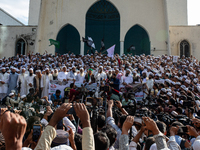 Hefazat-e-Islam supporters stage a protest after Friday prayers at the premises of Baitul Mukarram National Mosque, demanding an immediate b...