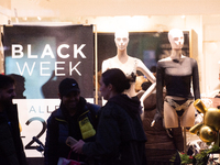 A general view of a Black Friday Sale sign is seen at the city center of Cologne, Germany, on November 29, 2024, during the Black Friday Sal...