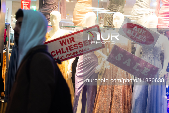 A general view of a Black Friday Sale sign is seen at the city center of Cologne, Germany, on November 29, 2024, during the Black Friday Sal...