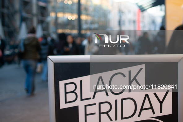 A general view of a Black Friday Sale sign is seen at the city center of Cologne, Germany, on November 29, 2024, during the Black Friday Sal...