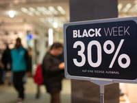 A general view of a Black Friday Sale sign is seen at the city center of Cologne, Germany, on November 29, 2024, during the Black Friday Sal...