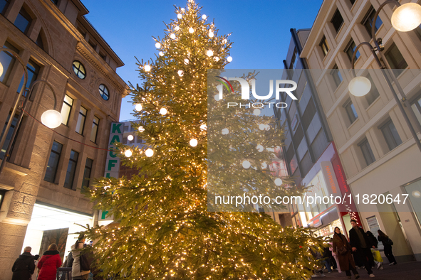 A general view of a Christmas tree is seen at the city center of Cologne, Germany, on November 29, 2024, during the Black Friday Sale. 