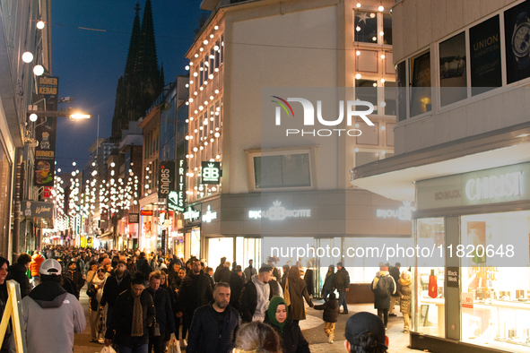 A general view shows a crowd of shoppers at the city center of Cologne, Germany, on November 29, 2024, during the Black Friday Sale. 