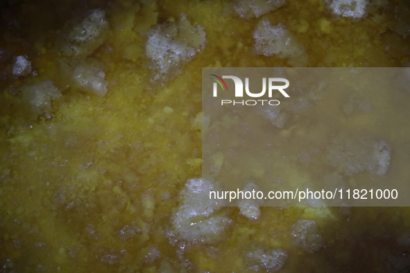 View of recycled cooking oil in a container at the National University of Mexico in Mexico City, Mexico, on November 29, 2024. 